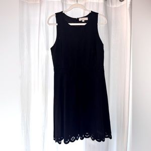 LOFT Knee-Length Black Dress with Eyelet Cutout on Bottom Hem